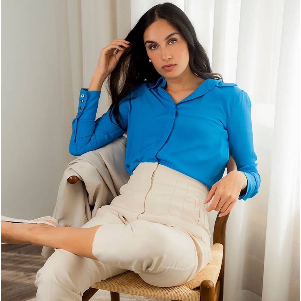 Numi The Simone Button-Up Blouse / Medium / Azur Blue Silk Blend Long Sleeves